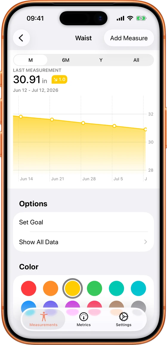 Waist measurement progress chart in My Body Measurement Tracker with goal setting and colour options