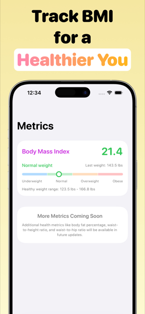 BMI tracker showing body mass index of 21.4 in the normal weight range