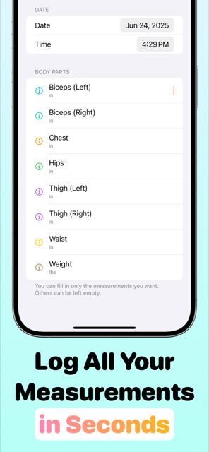 Logging biceps, chest, hips, thigh, waist and weight measurements in one entry