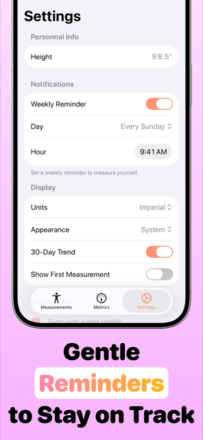 Weekly measurement reminder settings with units and appearance options