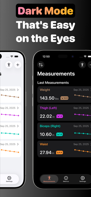 Body measurement tracker in dark mode showing measurement list